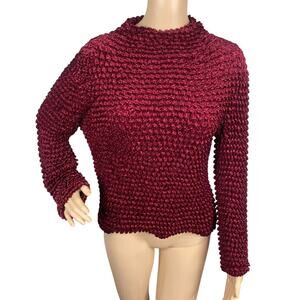 Vtg 90s Y2K Periscope Red Velvet Crinkled Popcorn Mock Neck Shirt Top One Size
